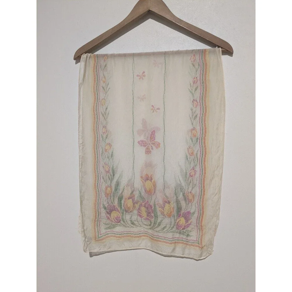 Vintage 60s Pale Yellow Butterfly Tulip Floral Oblong Scarf Sheer